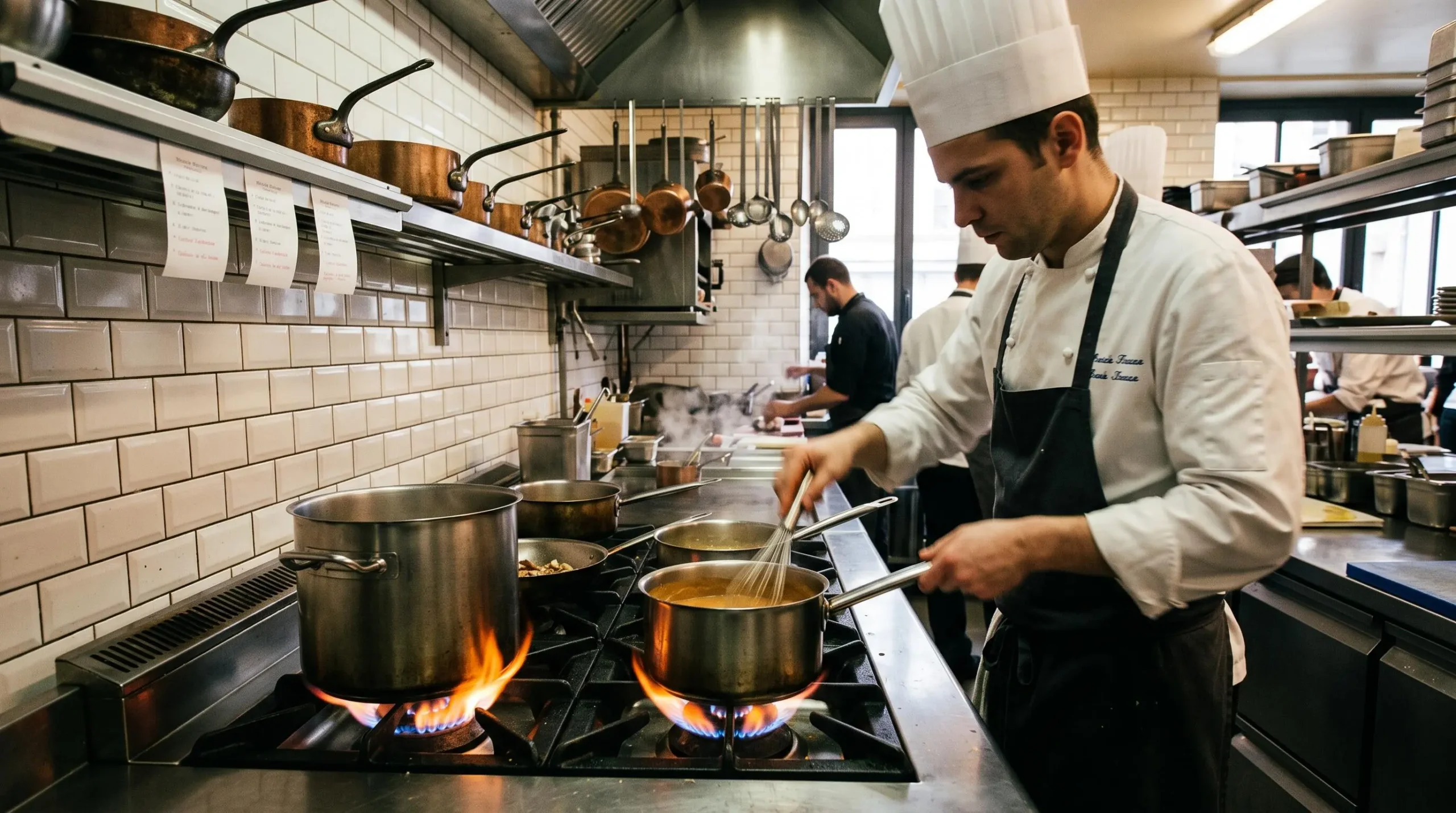 Chef cuisinier travaillant sur un piano de cuisson professionnel au gaz dans une cuisine de restaurant, équipements en inox et ustensiles suspendus