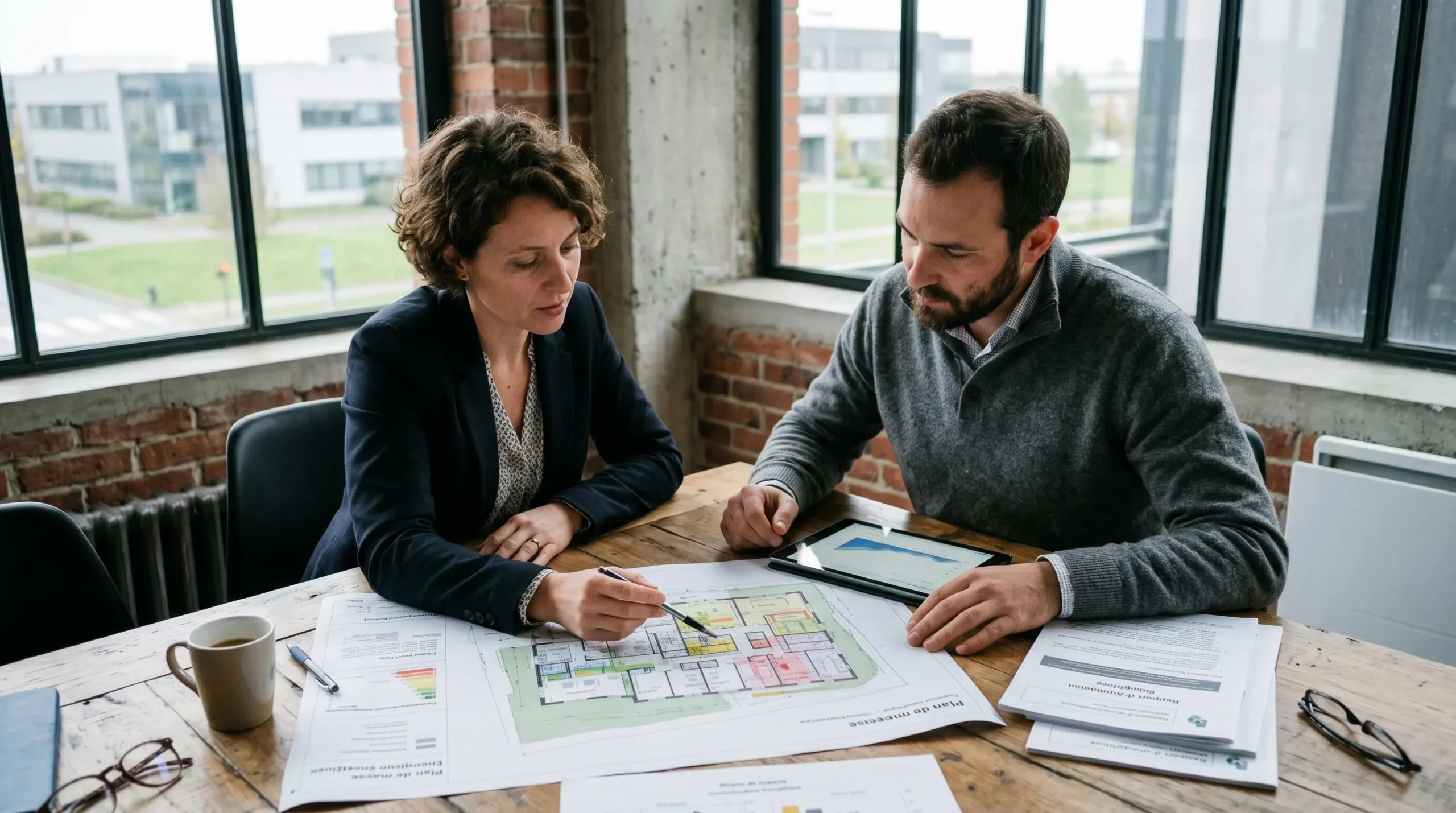 Conseiller en transition énergétique et dirigeant d'entreprise en discussion de travail, consultant des documents techniques sur une table