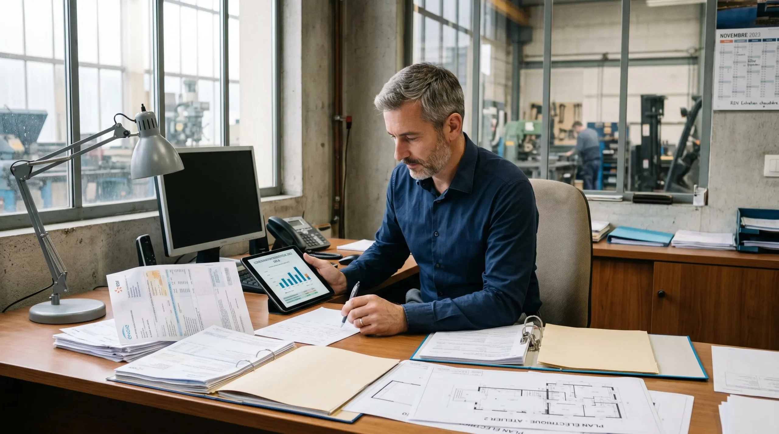 Dirigeant de petite entreprise consultant des factures énergétiques et documents administratifs dans son bureau, avec vue sur l'activité en arrière-plan