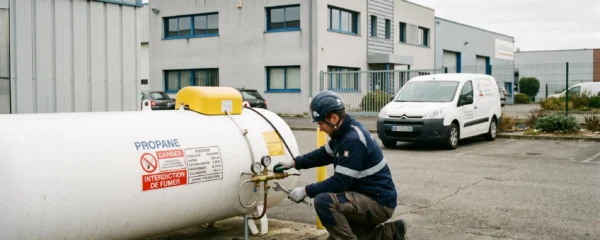 Technicien vérifiant une installation de cuve de gaz propane professionnelle dans la cour d'une entreprise française, avec camionnette de livraison en arrière-plan