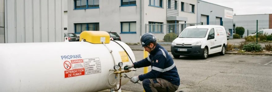 Technicien vérifiant une installation de cuve de gaz propane professionnelle dans la cour d'une entreprise française, avec camionnette de livraison en arrière-plan